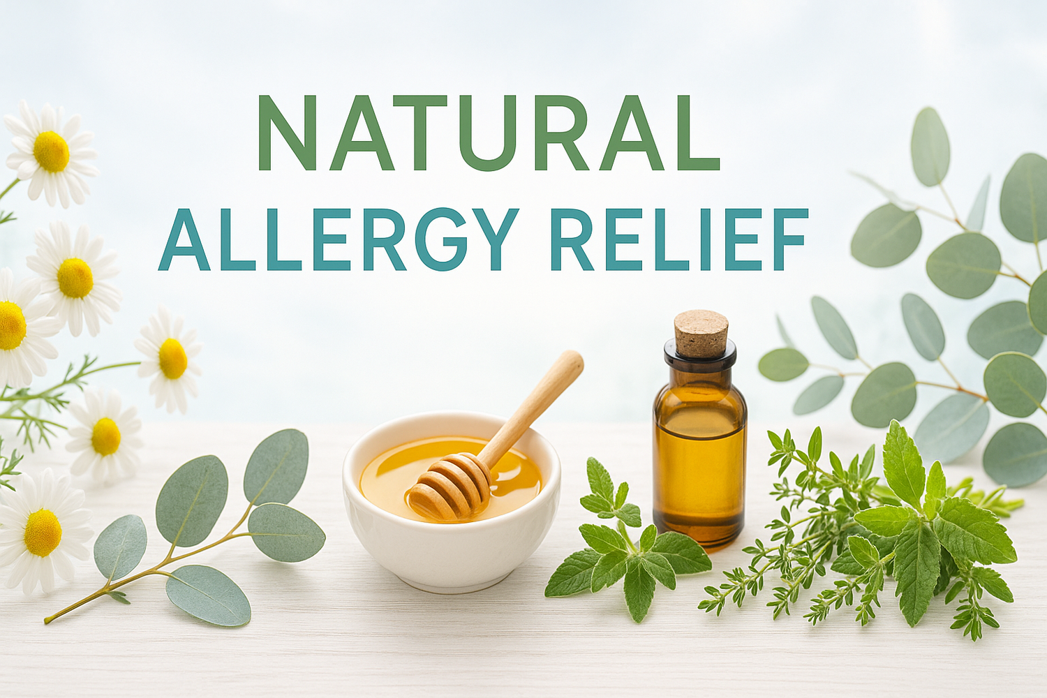 Natural allergy relief banner with herbs and botanicals